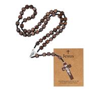 MILAKOO Rosario de madera natural, collar católico para mujeres y hombres, perla de madera, cruz y colgante con tarjeta de Jesús, Madera, No es una piedra preciosa