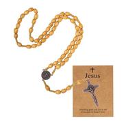 MILAKOO Rosario de madera natural, collar católico para mujeres y hombres, perla de madera, cruz y colgante con tarjeta de Jesús, Madera, No es una piedra preciosa