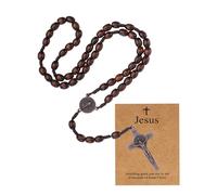 MILAKOO Rosario de madera natural, collar católico para mujeres y hombres, perla de madera, cruz y colgante con tarjeta de Jesús, Madera, No es una piedra preciosa