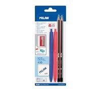 MILAN® Blister 2 bolígrafos p1 (azul/rojo), 2 lapices grafito HB y h, goma 430 y sacapuntas (Paquete de 2)