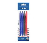 MILAN Bolígrafo P1 Retráctil 1 mm Touch - Blíster 4 unidades (2 azul, 1 negro, 1 rojo)