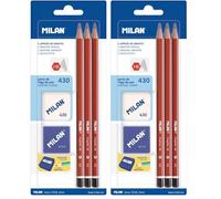 MILAN BYM10016 - Blíster con 3 lápices grafito, sacapuntas y goma de borrar (Paquete de 2)