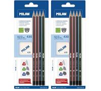 MILAN BYM10344 - Blíster con 4 lápices de grafito triangular, goma de borrar (Paquete de 2)