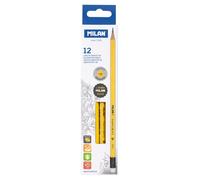 MILAN® Cajita 12 lápices de grafito HB color amarillo y con goma