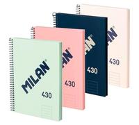 Milan® pack 4 cuadernos a4 con espiral y tapa dura, 80 hojas blancas