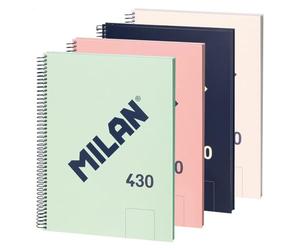 MILAN® Pack 4 cuadernos A4 con espiral y tapa dura, 80 hojas blancas de 95 gr/m², colección 430 since 1918