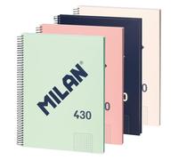 MILAN® Pack 4 cuadernos A4 con tapa dura, papel cuadriculado (5 x 5 mm), 80 hojas de 95 gr/m², colección goma MILAN 430