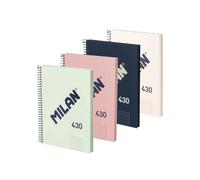 MILAN® Pack 4 cuadernos A5 con tapa dura, papel cuadriculado (5 x 5 mm), 80 hojas de 95 gr/m², colección goma MILAN 430