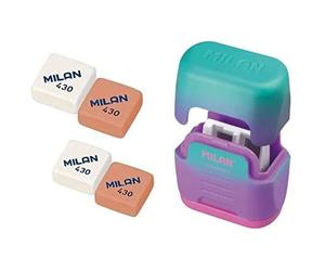 Milan- Sacapuntas Doble (Uno Estándar y otro Maxi) Con Depósito, Diseño Compact (Sunset) y 4 Gomas Milan 430