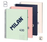 MILAN® Pack 4 cuadernos A4 con tapa dura, papel cuadriculado (5 x 5 mm), 80 hojas de 95 gr/m², colección goma 430