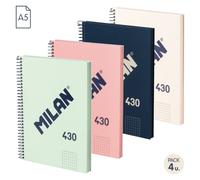 MILAN® Pack 4 cuadernos A5 con tapa dura, papel cuadriculado (5 x 5 mm), 80 hojas de 95 gr/m², colección goma 430