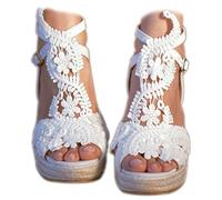 MiLanolce Sandalias de plataforma para mujer, con puntera abierta, correa al tobillo, de encaje, para boda, dama de honor, Blanco#1, 35 EU