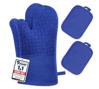 Milcea Manoplas Horno y Almohadillas Aislantes Juego De 4 - Resistentes Al Calor De 300°c, Antideslizantes Guantes Horno Silicona, Algodón Suave, Largo y Flexible Guantes para Horno, Azul