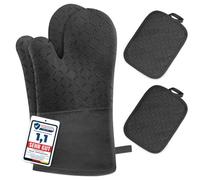 Milcea Manoplas Horno y Almohadillas Aislantes Juego De 4 - Resistentes Al Calor De 300°c, Antideslizantes Guantes Horno Silicona, Algodón Suave, Largo y Flexible Guantes para Horno, Negro