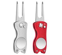 Mile High Life Herramienta de reparación de divot de golf de 2 piezas con marcador magnético de bola, herramienta de divot plegable totalmente metálica con botón emergente, soporte para palos,