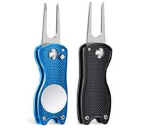 Mile High Life Herramienta de reparación de divot de golf de 2 piezas con marcador magnético de bola, herramienta plegable totalmente metálica con botón emergente, soporte para palo, accesorios de