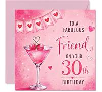 Milestone - Tarjeta de 30 cumpleaños - Raise a Glass to Their Big 3-0 - Diseño de cóctel rosa y corazones brillantes - Cuadrado de 145 mm, sobre incluido