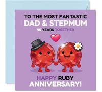 Milestone - Tarjeta de 40 aniversario para madrastra y papá - Ruby Laughs and Love - Dos peculiares personajes de rubí mano a mano durante 40 años, cuadrado de 145 mm, sobre incluido