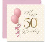 Milestone - Tarjeta de 50 cumpleaños con purpurina y risitas para los cinco grandes, elegantes globos rosa y dorado con lunares brillantes, cuadrado de 145 mm, sobre incluido