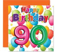 Milestone - Tarjeta de 90 cumpleaños, celebración brillante y burbujeante, globos coloridos y estrellas marcan un fabuloso cuadrado de 90 a 145 mm, sobre incluido