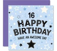 Milestone - Tarjeta de cumpleaños número 16 - Celebra los dieciséis años con estilo - Estrellas festivas, tipografía audaz y un toque de azul claro - Cuadrado de 145 mm, sobre incluido