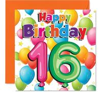 Milestone - Tarjeta de cumpleaños número 16 - Celebra los dieciséis años con estilo - Globos coloridos y estrellas pop con alegría de cumpleaños - 145 mm cuadrada, sobre incluido