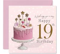 Milestone - Tarjeta de cumpleaños número 19 - Raise a Toast to Turning Nineteen, pastel de goteo rosa con destellos dorados y velas con estrellas - Cuadrado de 145 mm, sobre incluido