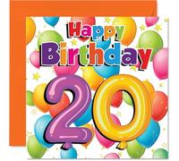 Milestone - Tarjeta de cumpleaños número 20 - Bursting with Birthday Cheer - Diseño colorido de globos y estrellas - Una manera vibrante de marcar el gran 2-0 - 145 mm cuadrado, sobre incluido