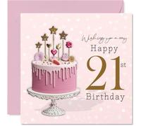 Milestone - Tarjeta de cumpleaños número 21 - Celebra con estilo - Pastel de goteo rosa con estrellas doradas y confeti - Una hermosa manera de marcar un brillante cuadrado 21 - 145 mm, sobre incluido