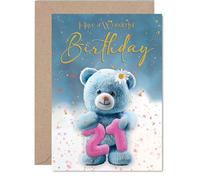Milestone - Tarjeta de cumpleaños número 21 - Celebra el turno de 21 pulgadas estilo - Oso de peluche alegre con detalles rosas '21' y florales - Un recuerdo alegre para un gran cumpleaños - A5, sobre