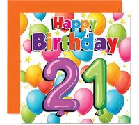 Milestone - Tarjeta de cumpleaños número 21, diseño colorido de globos y estrellas, una manera vibrante de marcar su gran cuadrado de 2-1 - 145 mm, sobre incluido