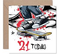 Milestone - Tarjeta de cumpleaños número 21 - Epic 21st Vibes - Skateboarder Leaping in Bold Colors - Diseño de alta energía para un gran momento - Cuadrado de 145 mm, sobre incluido