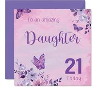 Milestone - Tarjeta de cumpleaños número 21 para hija - Celebra el giro de 21 pulgadas estilo - Mariposas rosas y moradas con detalles florales - Cuadrado de 145 mm, sobre incluido