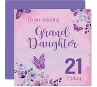 Milestone - Tarjeta de cumpleaños número 21 para nieta - Mariposas y flores para un 21 brillante diseño morado y rosa que destaca - cuadrado de 145 mm, sobre incluido