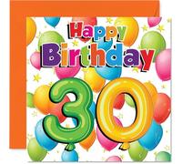 Milestone - Tarjeta de cumpleaños número 30 - Explosión de alegría de cumpleaños - Globos coloridos y estrellas para una vibrante celebración 30 - Cuadrada de 145 mm, sobre incluido