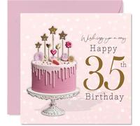 Milestone - Tarjeta de cumpleaños número 35 - Raise a Toast to 35 - Pastel de goteo rosa con estrellas doradas y adornos de corazón - Forma elegante de marcar un gran cumpleaños - Cuadrado de 145 mm