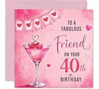 Milestone - Tarjeta de cumpleaños número 40 - Levanta una copa a fabuloso a los cuarenta - Cóctel brillante, cerezas y banderines de corazón en rosa y dorado, cuadrado de 145 mm, sobre incluido