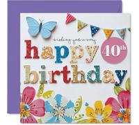 Milestone - Tarjeta de cumpleaños número 40, llena de color y alegría, banderines florales estampados con mariposa y negrita '40th', cuadrada de 145 mm, sobre incluido