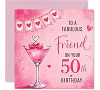Milestone - Tarjeta de cumpleaños número 50 - Levanta una copa para girar 50 - Elegante diseño de cóctel rosa con detalles dorados y corazones - cuadrado de 145 mm, sobre incluido