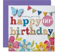 Milestone - Tarjeta de cumpleaños número 60 - Bursting with Color and Joy - Diseño floral y mariposa con diseño de 60 años, cuadrado de 145 mm, sobre incluido