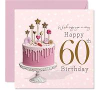 Milestone - Tarjeta de cumpleaños número 60, elegante pastel de goteo rosa con estrellas y corazones dorados, diseño de lunares para un cuadrado memorable de 60 a 145 mm, sobre incluido