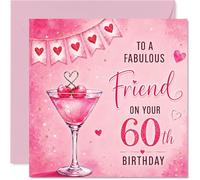 Milestone - Tarjeta de cumpleaños número 60 - Levanta una copa para cumplir 60 años - Martini brillante, banderines y corazones en rosa brillante - Cuadrado de 145 mm, sobre incluido