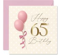 Milestone - Tarjeta de cumpleaños número 65, brillo de celebración para un año especial, elegante diseño de lunares y globos rosas con escritura dorada, cuadrada de 145 mm, sobre incluido