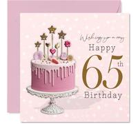 Milestone - Tarjeta de cumpleaños número 65 - Celebra el giro de 65 pulgadas estilo - Elegante pastel de goteo rosa con adornos dorados brillantes '65' y estrellas dulces - cuadrado de 145 mm, sobre