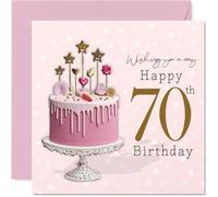 Milestone - Tarjeta de cumpleaños número 70 - Raise a Toast to 70 - Pastel de goteo rosa con estrellas doradas y corazones - Cuadrado de 145 mm, sobre incluido