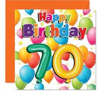 Milestone - Tarjeta de cumpleaños número 70 - Vibrantes saludos a los 70 - Globos coloridos y estrellas en un diseño animado - Una manera destacada de marcar un gran cumpleaños - Cuadrado de 145 mm