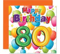 Milestone - Tarjeta de cumpleaños número 80 - 80 y fabulosa - Diseño colorido de globos y estrellas - Rebosante de alegría de cumpleaños - Cuadrado de 145 mm, sobre incluido