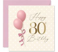 Milestone - Tarjeta de cumpleaños número 80 - Celebra con estilo - Globos rosas, escritura dorada y cinta sobre un fondo de lunares - Cuadrado de 145 mm, sobre incluido