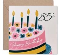 Milestone - Tarjeta de cumpleaños número 85, celebra con estilo, pastel colorido con toques florales y cuatro velas brillantes, cuadrada de 145 mm, sobre incluido