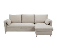 Miliboo DRISS - Sofá esquinero convertible reversible con maletero de 3 a 4 plazas, tejido beige y madera clara
